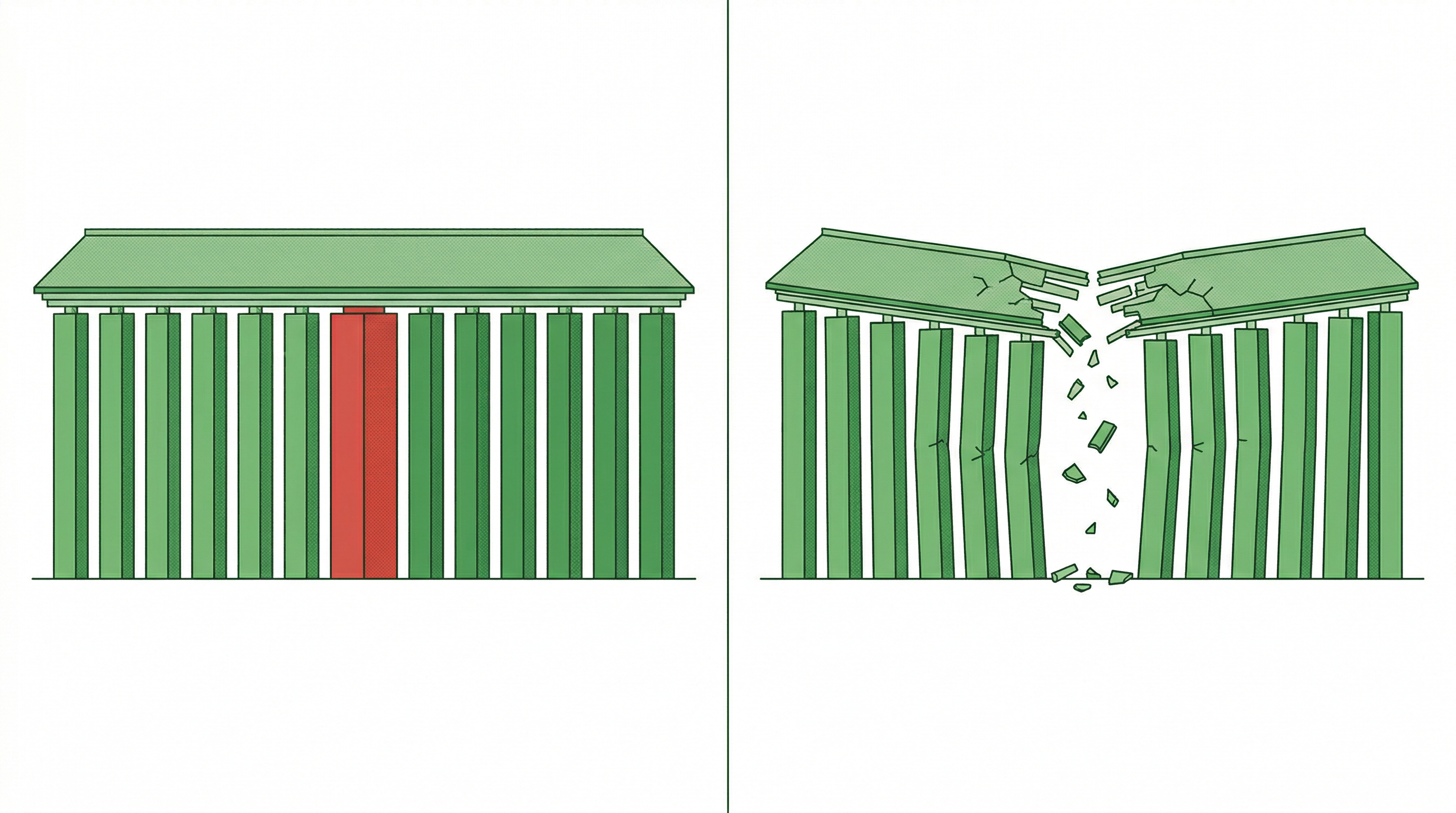 Parthenon before and after removing a single load-bearing column