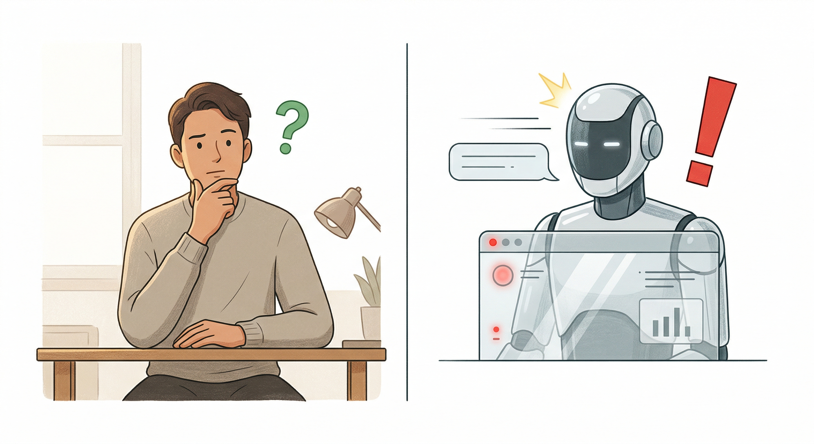 Human with question mark beside AI with exclamation mark