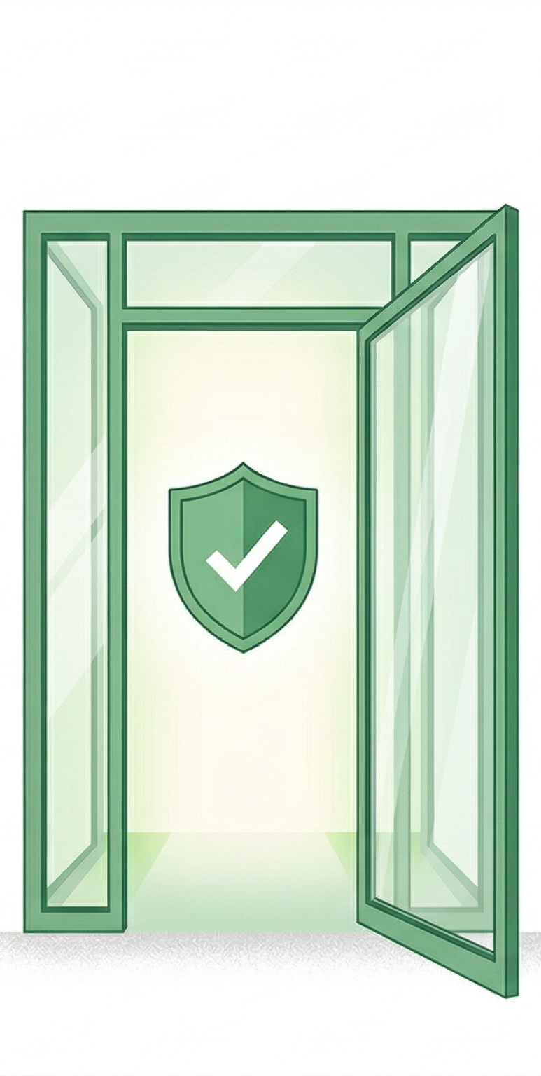 Glass door with shield — the values gate