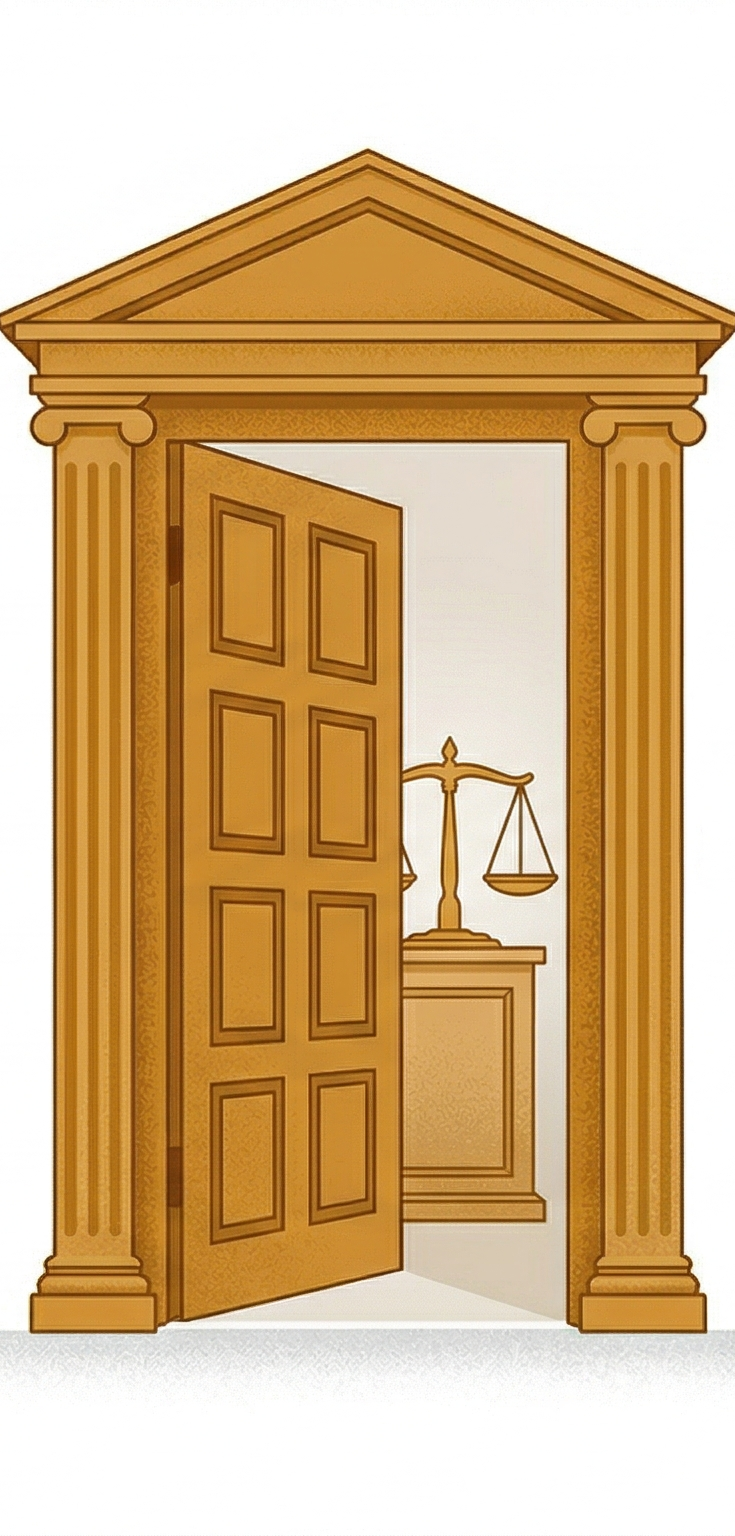 Courthouse door with scales — the liability gate
